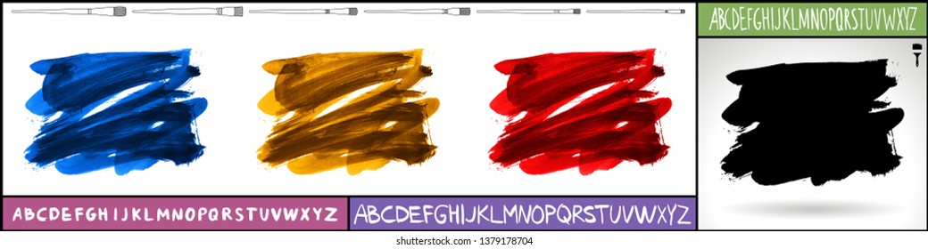 Brush stroke set and handwritten alphabet. Grunge vector abstract hand - painted element. Underline and border design.