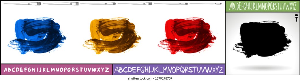 Brush stroke set and handwritten alphabet. Grunge vector abstract hand - painted element. Underline and border design.