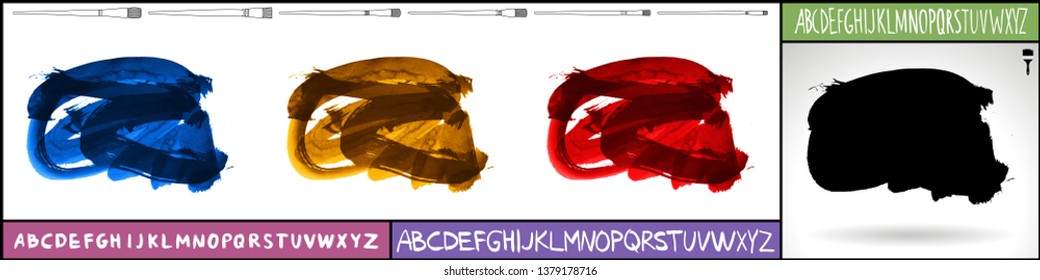 Brush stroke set and handwritten alphabet. Grunge vector abstract hand - painted element. Underline and border design.