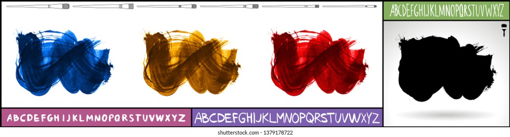 Brush stroke set and handwritten alphabet. Grunge vector abstract hand - painted element. Underline and border design.