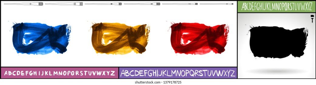 Brush stroke set and handwritten alphabet. Grunge vector abstract hand - painted element. Underline and border design.