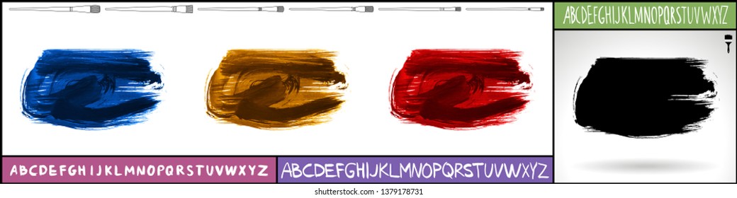 Brush stroke set and handwritten alphabet. Grunge vector abstract hand - painted element. Underline and border design.