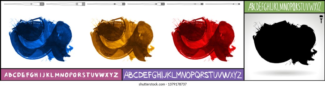Brush stroke set and handwritten alphabet. Grunge vector abstract hand - painted element. Underline and border design.