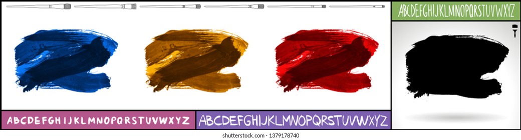 Brush stroke set and handwritten alphabet. Grunge vector abstract hand - painted element. Underline and border design.