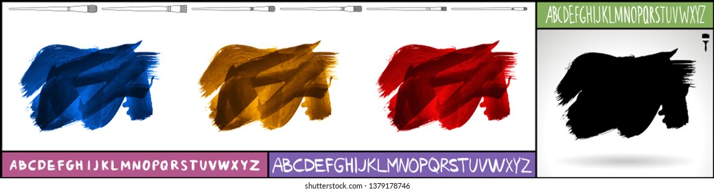 Brush stroke set and handwritten alphabet. Grunge vector abstract hand - painted element. Underline and border design.