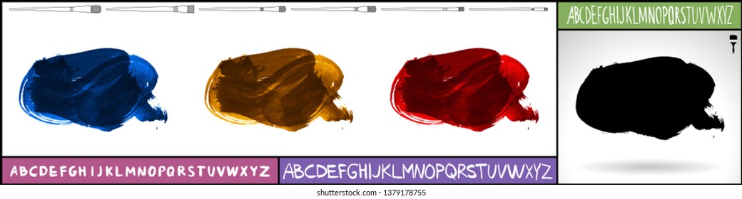Brush stroke set and handwritten alphabet. Grunge vector abstract hand - painted element. Underline and border design.