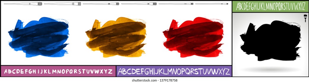 Brush stroke set and handwritten alphabet. Grunge vector abstract hand - painted element. Underline and border design.