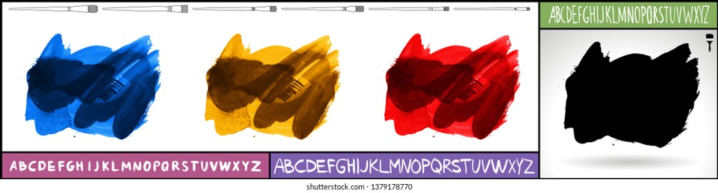 Brush stroke set and handwritten alphabet. Grunge vector abstract hand - painted element. Underline and border design.