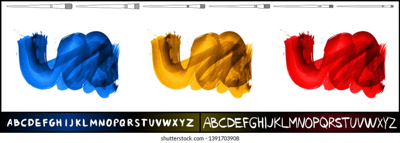 Brush stroke set and handwritten alphabet. Grunge vector abstract hand - painted element. Underline and border design.