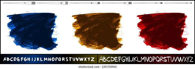 Brush stroke set and handwritten alphabet. Grunge vector abstract hand - painted element. Underline and border design.