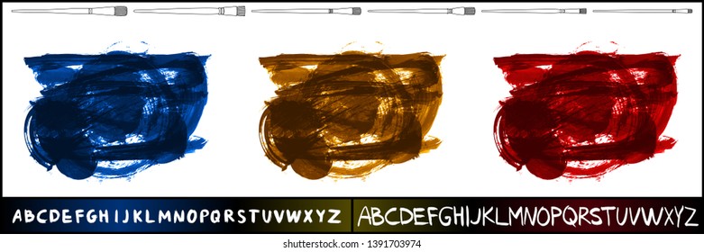 Brush stroke set and handwritten alphabet. Grunge vector abstract hand - painted element. Underline and border design.