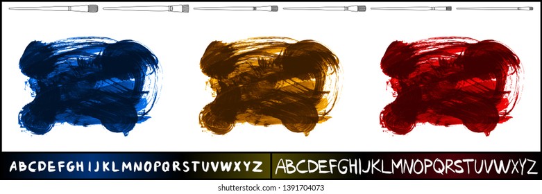 Brush stroke set and handwritten alphabet. Grunge vector abstract hand - painted element. Underline and border design.