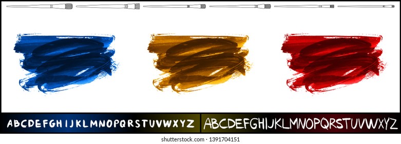 Brush stroke set and handwritten alphabet. Grunge vector abstract hand - painted element. Underline and border design.