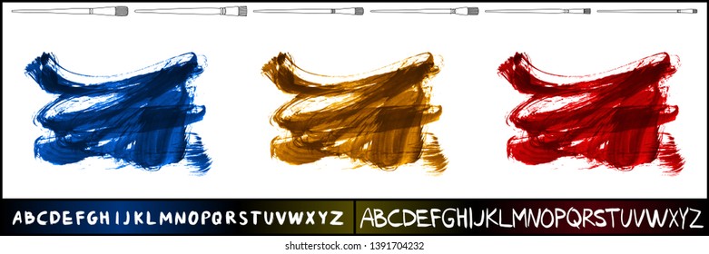 Brush stroke set and handwritten alphabet. Grunge vector abstract hand - painted element. Underline and border design.