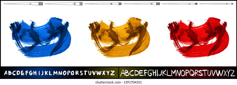 Brush stroke set and handwritten alphabet. Grunge vector abstract hand - painted element. Underline and border design.