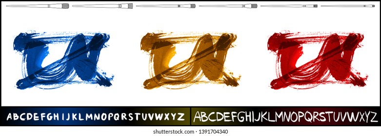 Brush stroke set and handwritten alphabet. Grunge vector abstract hand - painted element. Underline and border design.