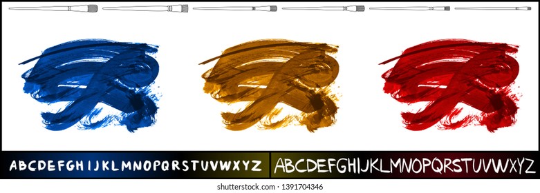 Brush stroke set and handwritten alphabet. Grunge vector abstract hand - painted element. Underline and border design.