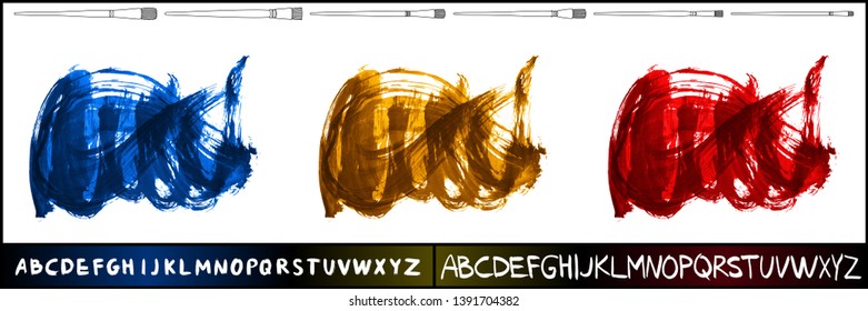 Brush stroke set and handwritten alphabet. Grunge vector abstract hand - painted element. Underline and border design.