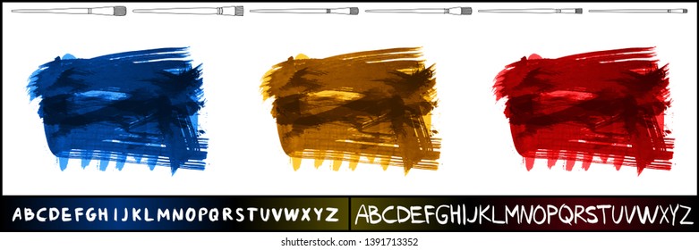 Brush stroke set and handwritten alphabet. Grunge vector abstract hand - painted element. Underline and border design.