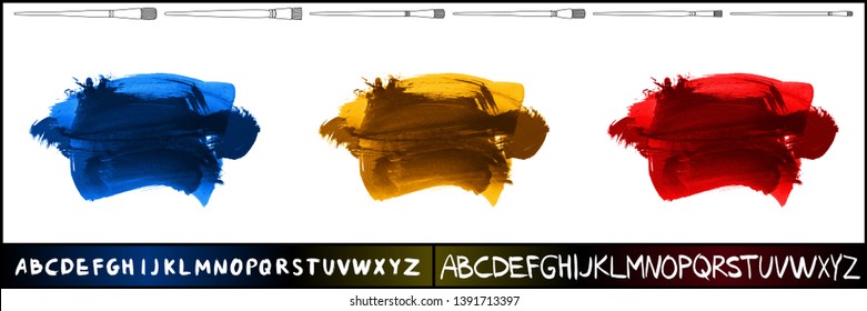 Brush stroke set and handwritten alphabet. Grunge vector abstract hand - painted element. Underline and border design.
