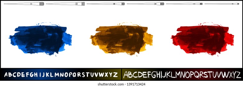 Brush stroke set and handwritten alphabet. Grunge vector abstract hand - painted element. Underline and border design.
