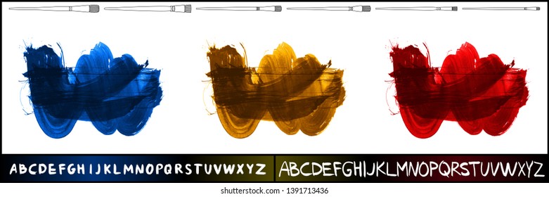 Brush stroke set and handwritten alphabet. Grunge vector abstract hand - painted element. Underline and border design.