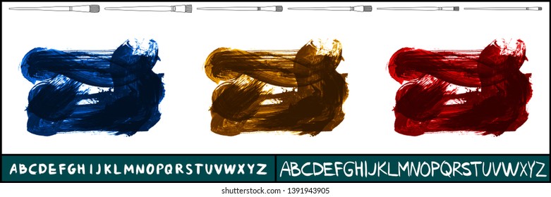 Brush stroke set and handwritten alphabet. Grunge vector abstract hand - painted element. Underline and border design.