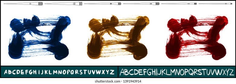 Brush stroke set and handwritten alphabet. Grunge vector abstract hand - painted element. Underline and border design.