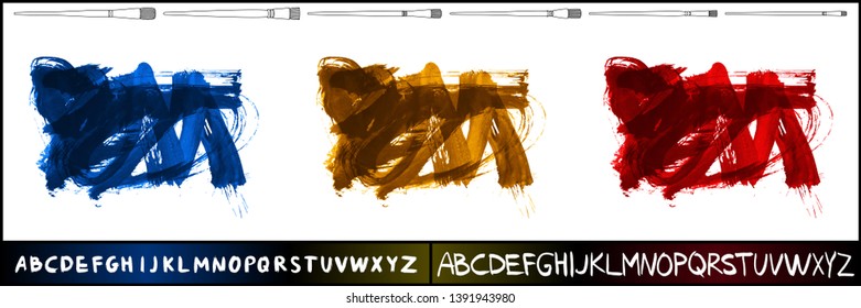 Brush stroke set and handwritten alphabet. Grunge vector abstract hand - painted element. Underline and border design.