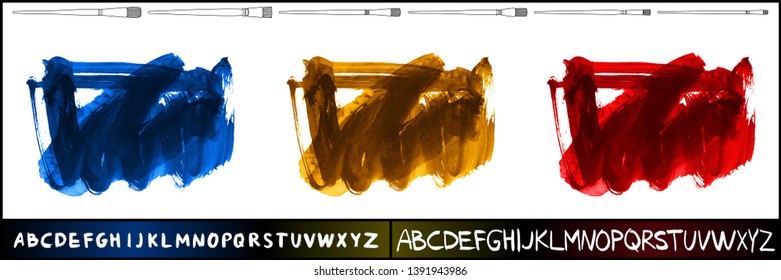 Brush stroke set and handwritten alphabet. Grunge vector abstract hand - painted element. Underline and border design.