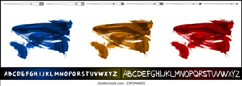 Brush stroke set and handwritten alphabet. Grunge vector abstract hand - painted element. Underline and border design.