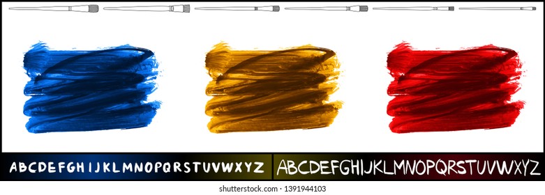 Brush stroke set and handwritten alphabet. Grunge vector abstract hand - painted element. Underline and border design.