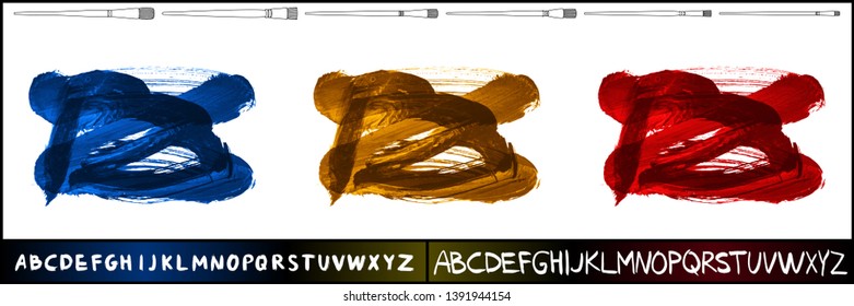 Brush stroke set and handwritten alphabet. Grunge vector abstract hand - painted element. Underline and border design.