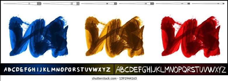 Brush stroke set and handwritten alphabet. Grunge vector abstract hand - painted element. Underline and border design.