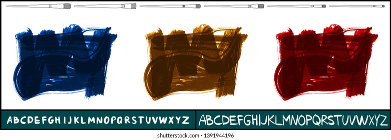 Brush stroke set and handwritten alphabet. Grunge vector abstract hand - painted element. Underline and border design.