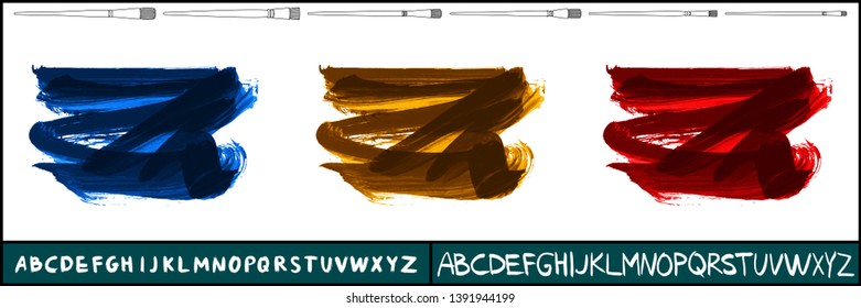 Brush stroke set and handwritten alphabet. Grunge vector abstract hand - painted element. Underline and border design.