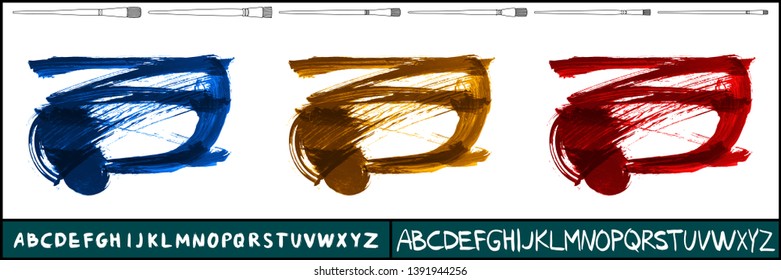 Brush stroke set and handwritten alphabet. Grunge vector abstract hand - painted element. Underline and border design.