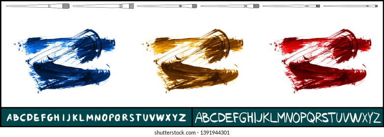 Brush stroke set and handwritten alphabet. Grunge vector abstract hand - painted element. Underline and border design.