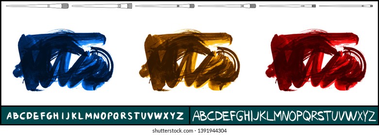 Brush stroke set and handwritten alphabet. Grunge vector abstract hand - painted element. Underline and border design.