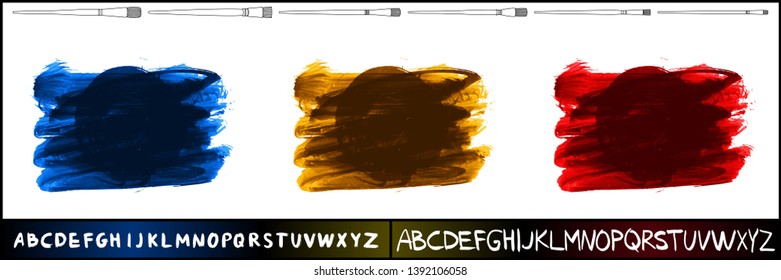 Brush stroke set and handwritten alphabet. Grunge vector abstract hand - painted element. Underline and border design.