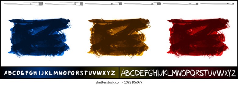 Brush stroke set and handwritten alphabet. Grunge vector abstract hand - painted element. Underline and border design.