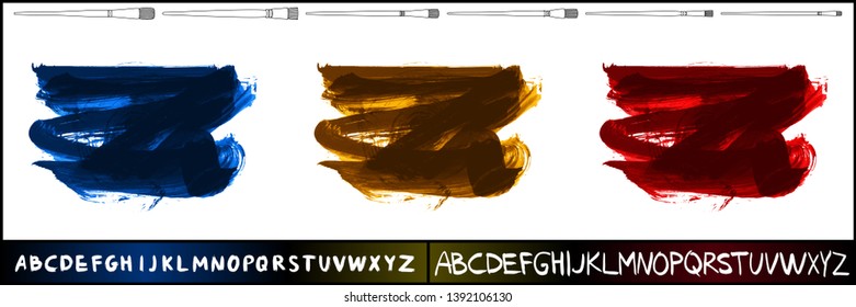 Brush stroke set and handwritten alphabet. Grunge vector abstract hand - painted element. Underline and border design.