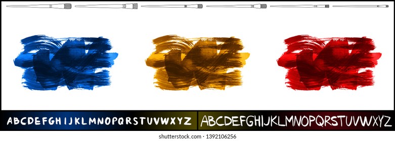 Brush stroke set and handwritten alphabet. Grunge vector abstract hand - painted element. Underline and border design.