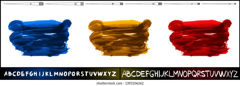 Brush stroke set and handwritten alphabet. Grunge vector abstract hand - painted element. Underline and border design.