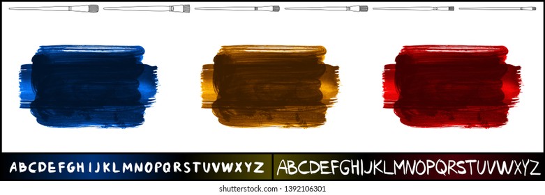 Brush stroke set and handwritten alphabet. Grunge vector abstract hand - painted element. Underline and border design.