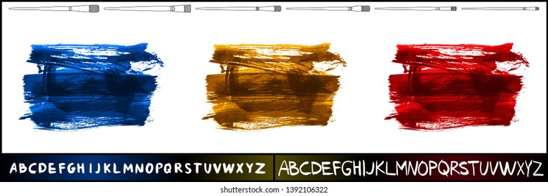 Brush stroke set and handwritten alphabet. Grunge vector abstract hand - painted element. Underline and border design.