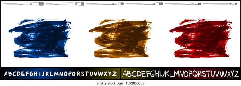 Brush stroke set and handwritten alphabet. Grunge vector abstract hand - painted element. Underline and border design.