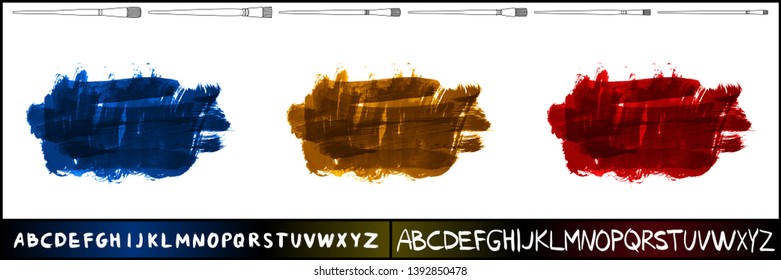 Brush stroke set and handwritten alphabet. Grunge vector abstract hand - painted element. Underline and border design.