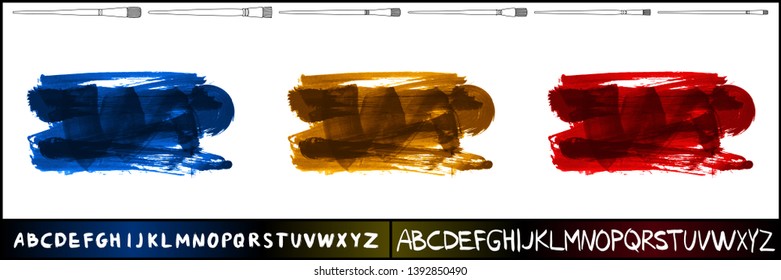 Brush stroke set and handwritten alphabet. Grunge vector abstract hand - painted element. Underline and border design.