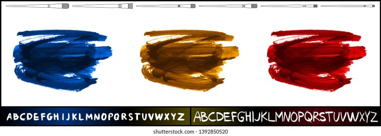 Brush stroke set and handwritten alphabet. Grunge vector abstract hand - painted element. Underline and border design.